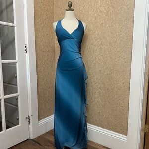 VTG Y2K 2000s Blue Ombré Glitter Sparkly Shimmer Mesh Layer Halter Prom Dress